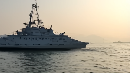 An IRGC patrol boat at sea against a hazy sunrise off the Iranian coast near Bandar Abbas, Iranian flag at the stern.