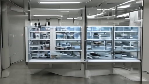 An empty laboratory bench at JCVI's La Jolla campus, sequencer racks along the back wall, fluorescent light, no people.