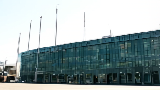 Wide shot of the OPEC headquarters facade in Vienna with the flagpoles at midday.
