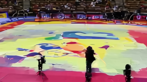 Newly painted Toronto Tempo court at Coca-Cola Coliseum the day before the opener, photographers visible at the rim.