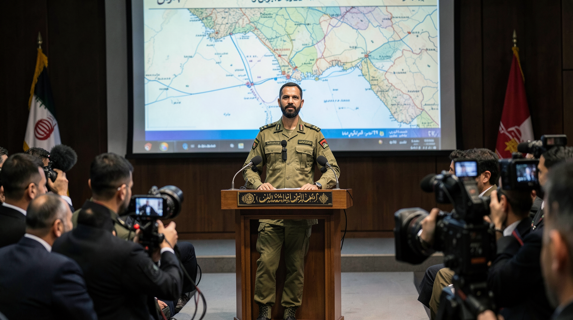 An IRGC officer at a Tehran briefing podium, with a backdrop showing a tactical map of the Strait of Hormuz.
