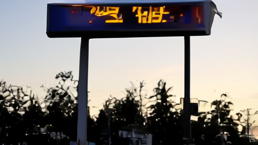 Wide shot of an American gas station price board reading $4.45 per gallon at dusk.