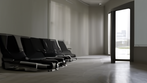 An empty psychiatric clinic waiting room with chairs in a row, soft daylight, a single closed door at the end