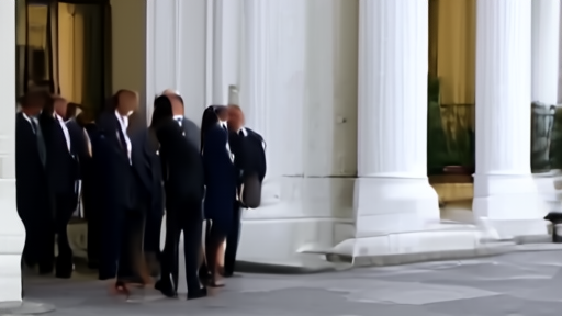 The White House West Wing entrance at midday with credentialed press waiting outside the press briefing room.
