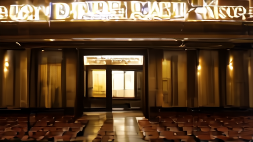 Empty Broadway house with the marquee for Liberation visible from the lobby and a single ushered seat in the foreground.