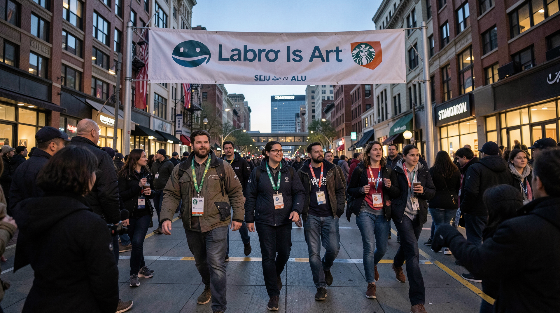 Workers wearing Amazon, Whole Foods, Washington Post, Starbucks, and Uber lanyards walking a runway in Gansevoort Plaza under a 'Labor Is Art' banner.