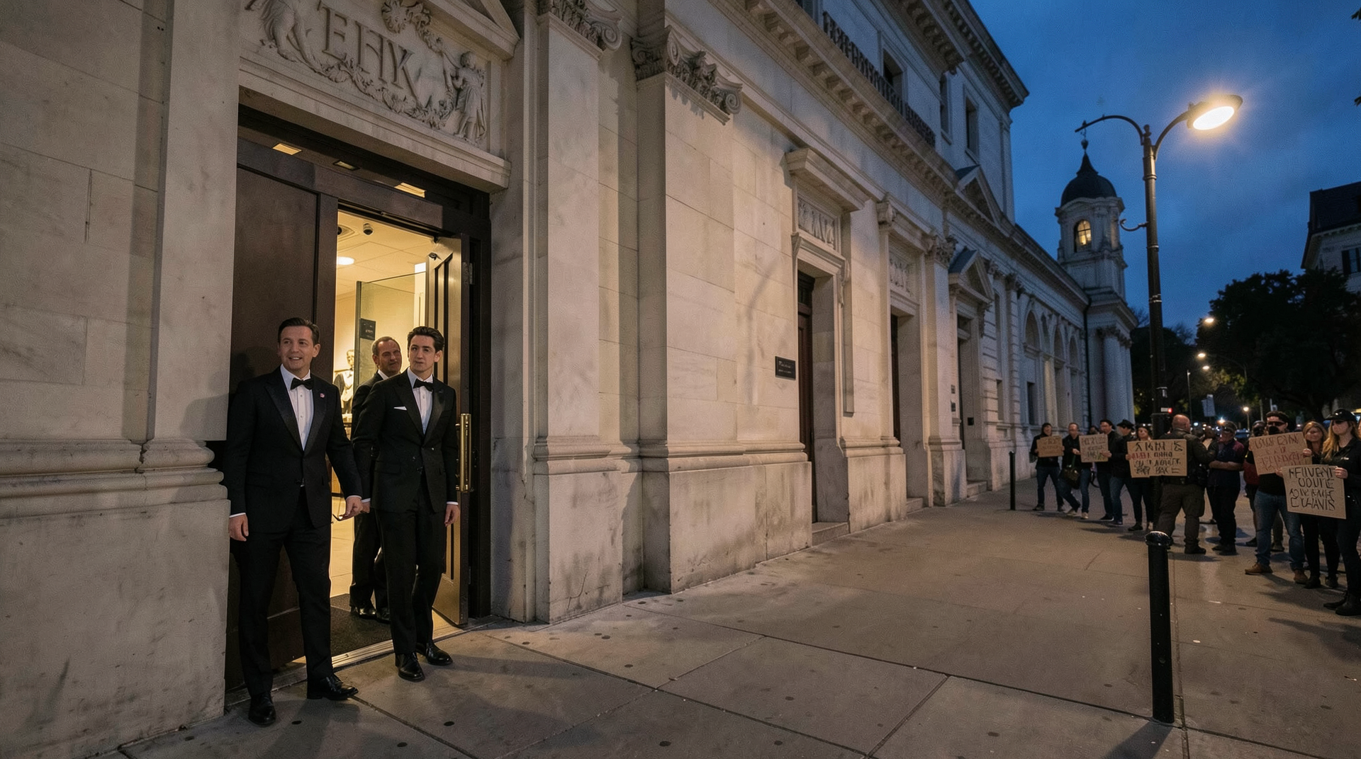 A side service entrance at the Metropolitan Museum of Art at dusk with security and aides surrounding two arriving guests, a small group of protesters with signs visible on the corner.