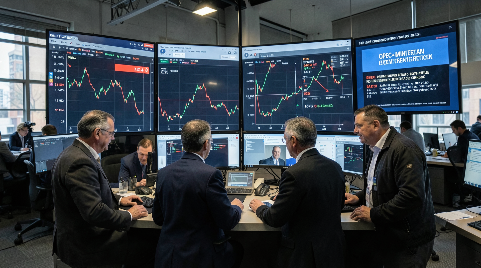 An energy trading desk at the New York close with screens showing Brent crude futures at $114 in red and a cluster of analysts gathered around the price chart.