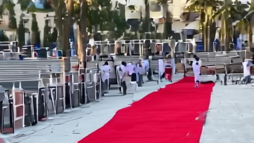 Crew rolling out the red carpet on the Palais des Festivals stairs the morning before opening night, scaffolding still in place.