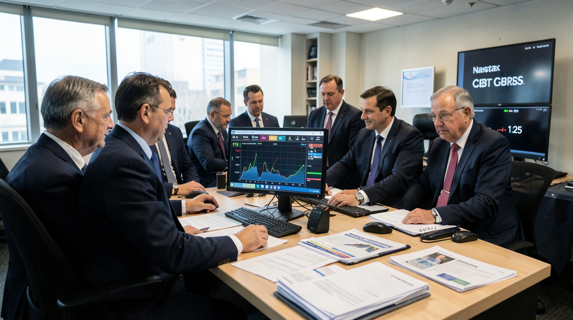 A bookbuild meeting on a trading-floor mezzanine with the $115-$125 price band on a screen and the Cerebras CBRS ticker on a Nasdaq display.