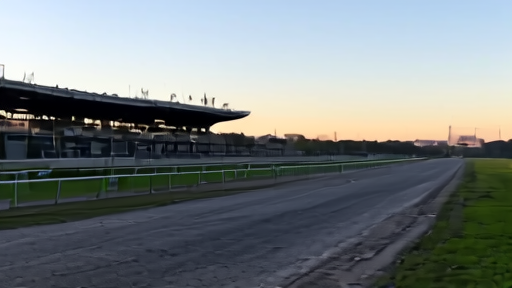 An empty grandstand at Laurel Park racetrack with the finish line in the foreground at dawn, no crowd, training-hour quiet