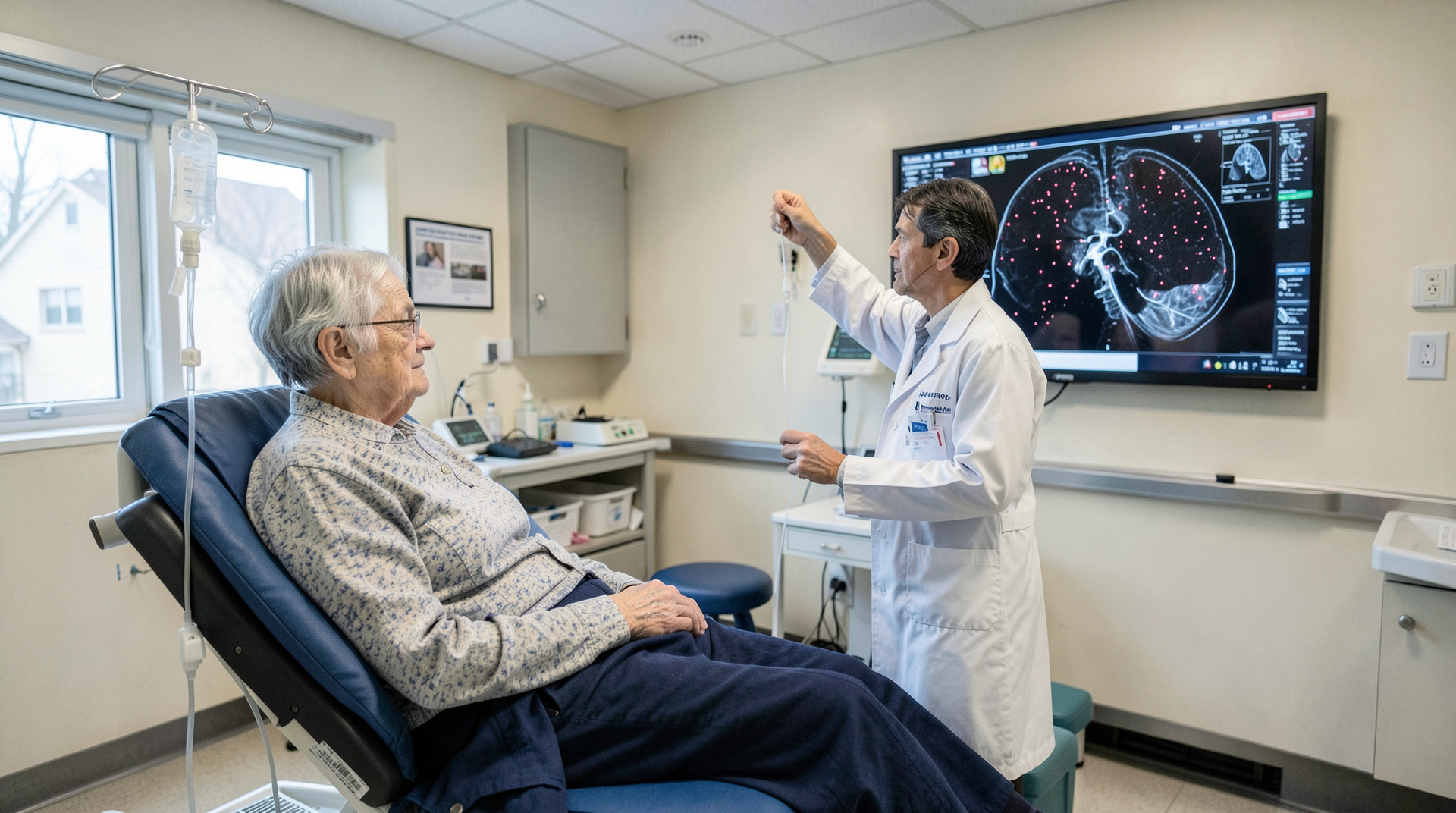 An older patient at a memory-clinic infusion chair receiving a monoclonal antibody, a neurologist reviewing an MRI scan on a wall monitor showing small areas of microbleed.