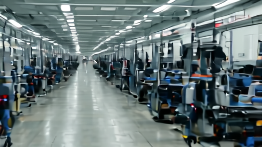A General Motors assembly line in Michigan with completed pickups moving down the line.