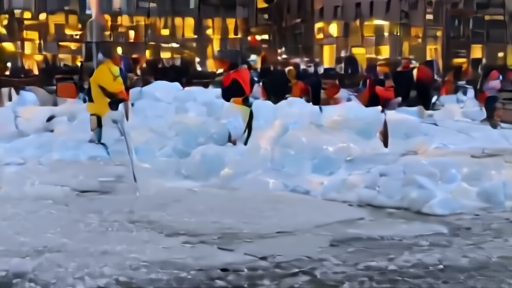 Workers in safety gear hosing down the remaining base of Drake's ice sculpture in a downtown Toronto parking lot at dusk.