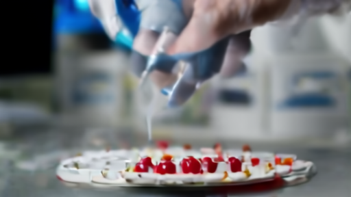 Microfluidic blood-handling chip on a lab bench with red-tinted droplets and a syringe of cross-linker reagent.