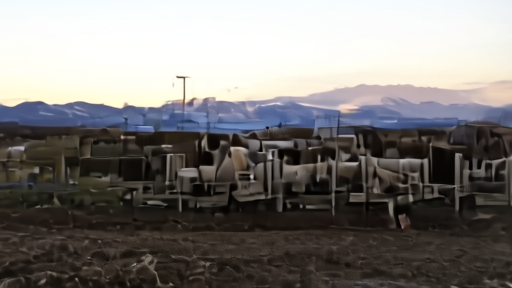 Idaho dairy operation at dawn with milking parlor doors open and a USDA biosecurity placard on the gate.