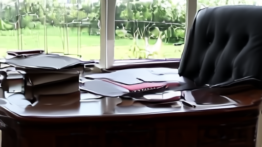 The Resolute Desk in the Oval Office at midday with diplomatic folders stacked, an empty leather chair, and the Truman Balcony visible through the south-facing window.