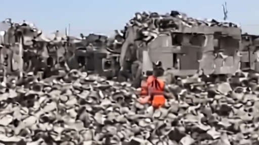 Damaged residential block in southern Lebanon with rescue workers walking past concrete rubble piles at midday.