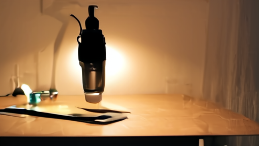 A podcast microphone with headphones on a desk lit by a single warm lamp, suggesting late-night independent recording