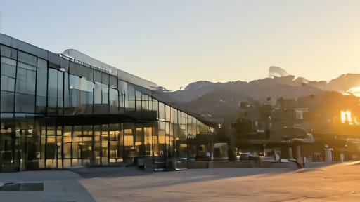 Palantir's Denver headquarters at golden hour with the company logo on the modernist facade and a small group of employees walking past the entrance plaza.