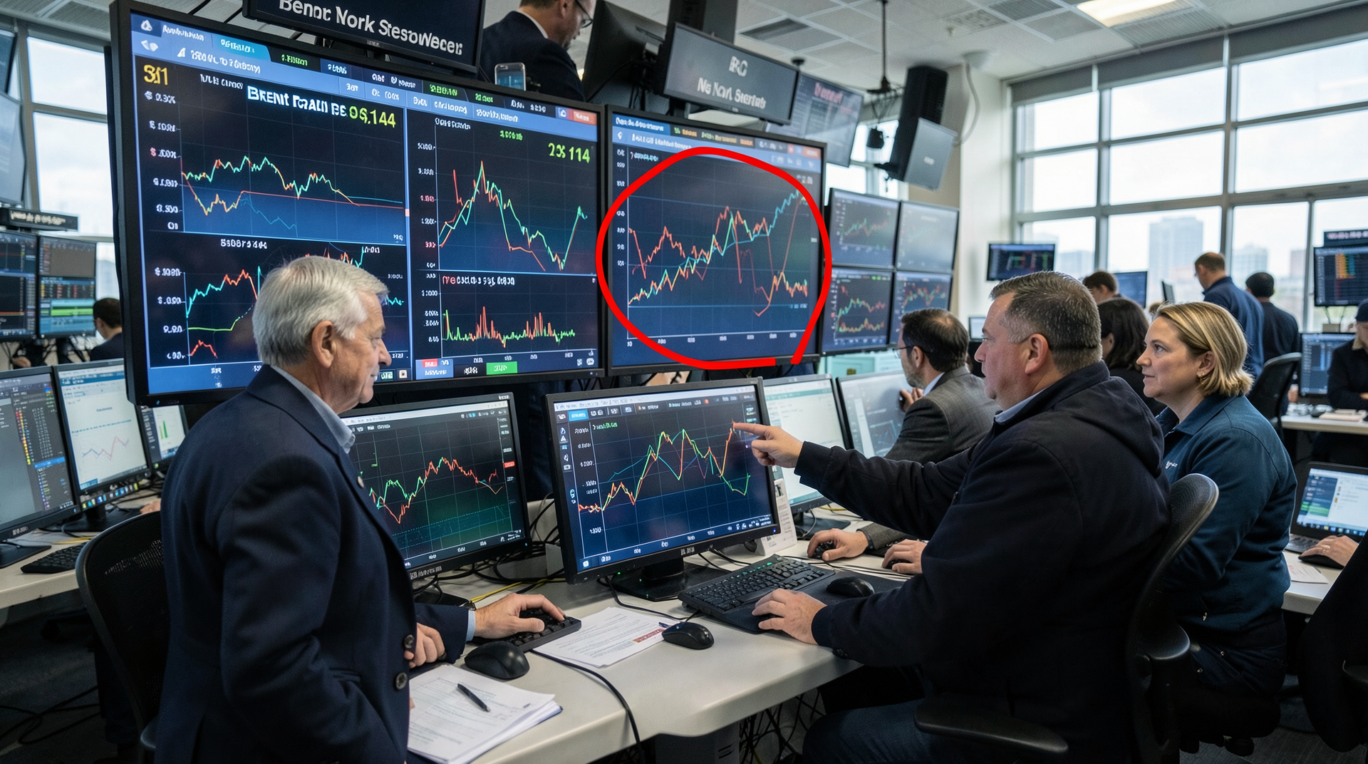 Trader floor monitors showing Brent crude futures spiking to $114, with the percentage move highlighted in red.