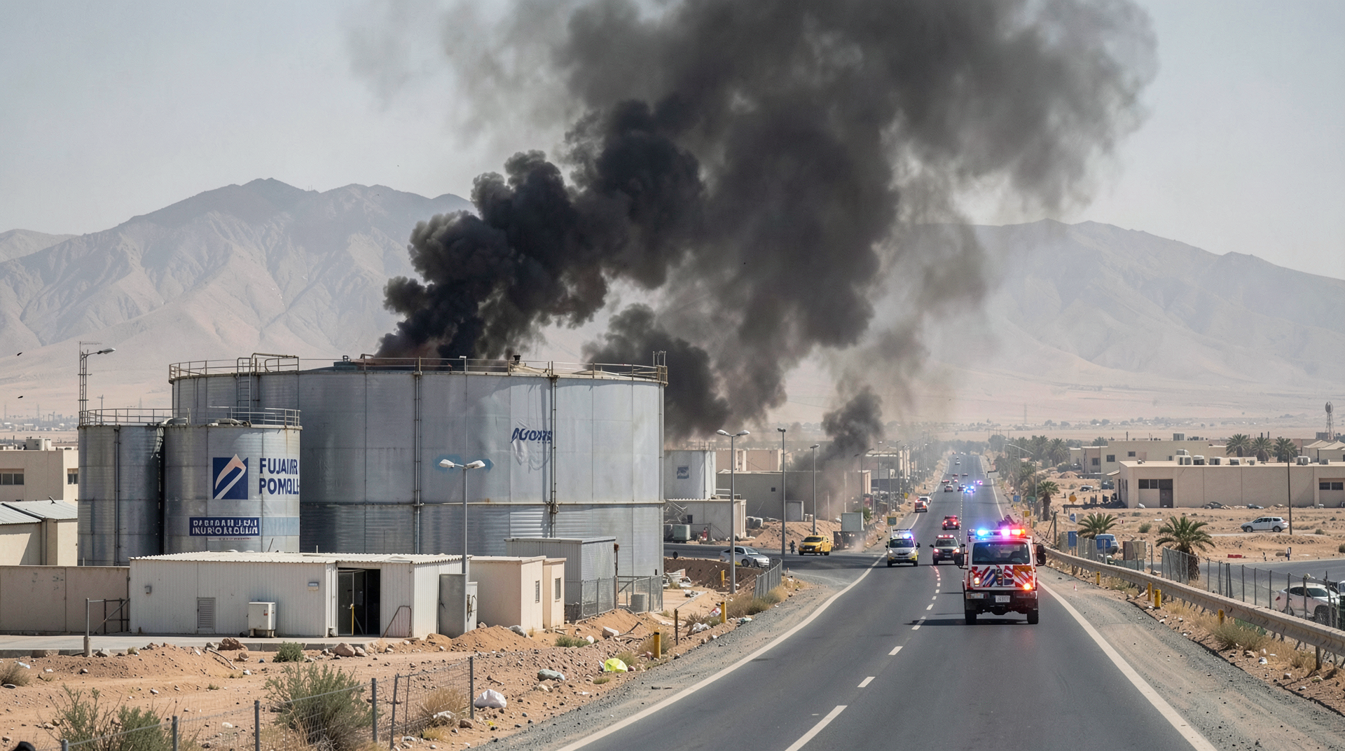 Black smoke rising from the Fujairah Petroleum Industries Zone with storage tanks visible and emergency vehicles approaching the perimeter.