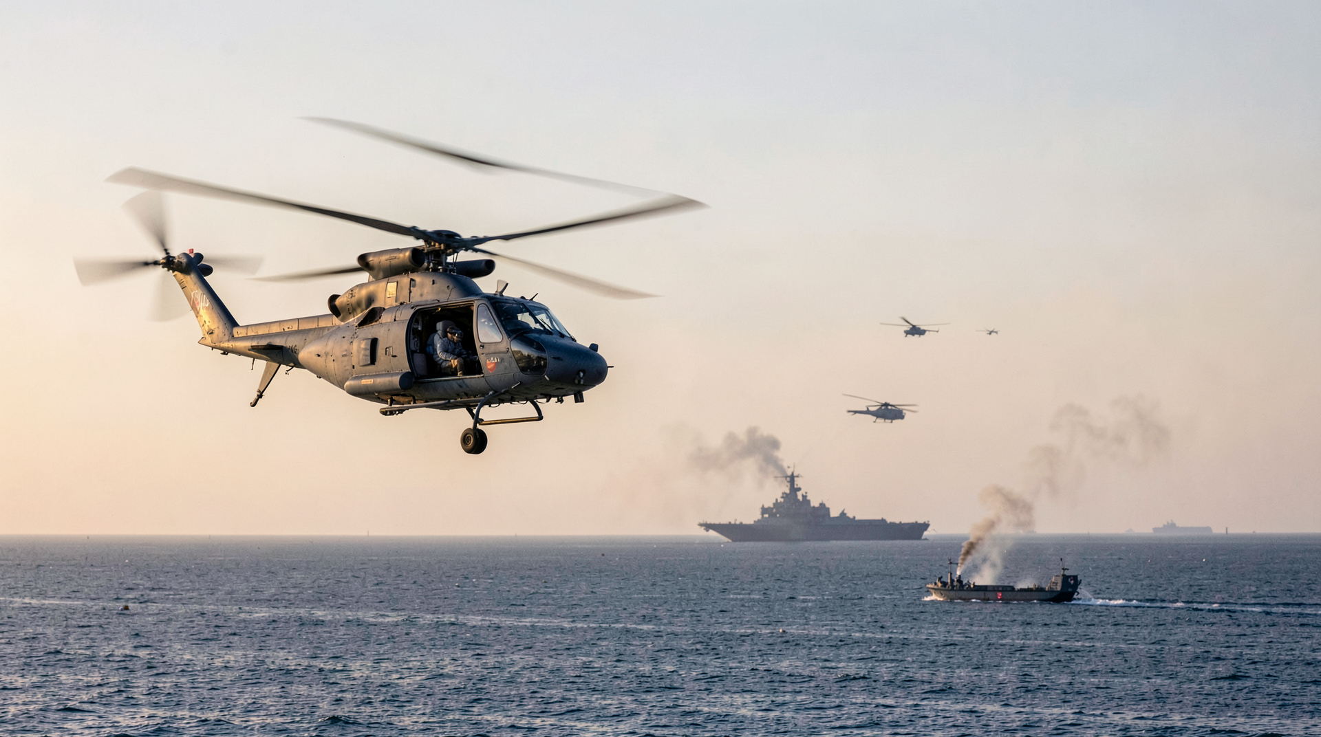 U.S. Navy MH-60 Sea Hawk and U.S. Army AH-64 Apache helicopters operating low over the Strait of Hormuz at first light, with a guided-missile destroyer in the middle distance and a tanker plume on the horizon.