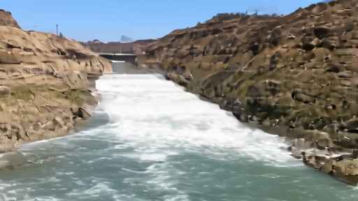 The Flaming Gorge Dam spillway in Utah at midday with high-volume water releases producing white spray and the canyon walls rising on either side.