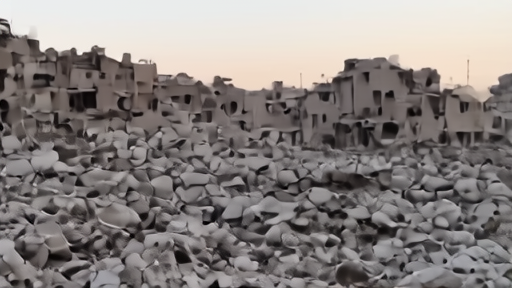 A Palestinian photojournalist's camera resting on rubble in Gaza, with damaged buildings in the background