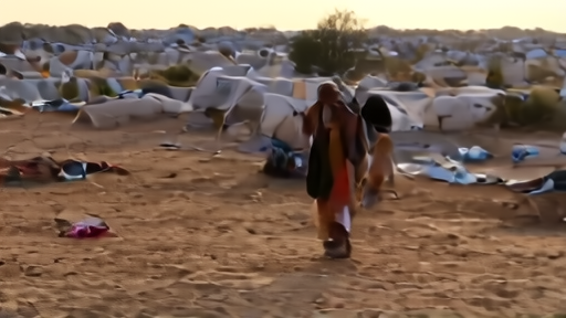 A displaced Sudanese family walking through a dusty camp at sunrise carrying possessions wrapped in cloth, with rows of tents stretching to the horizon.