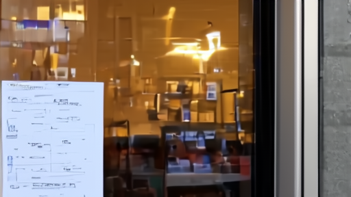ABC News bureau facade at dusk with FCC paperwork visible behind a glass entrance door and a calendar countdown reflected in the window.