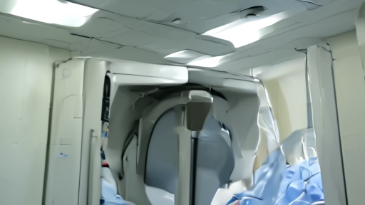 MRI scanner room with cryogen vent piping visible on the ceiling and a service technician checking the helium gauge.