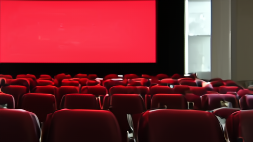 An empty New York multiplex auditorium in late-afternoon light, popcorn boxes left on seats, the screen glowing with end-credits red