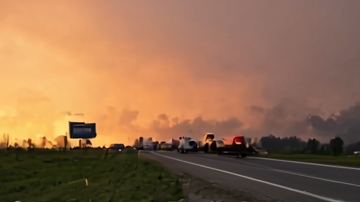 Smoke from a slash-pine forest fire rising over a Georgia two-lane highway at dusk with fire trucks staged on the shoulder.