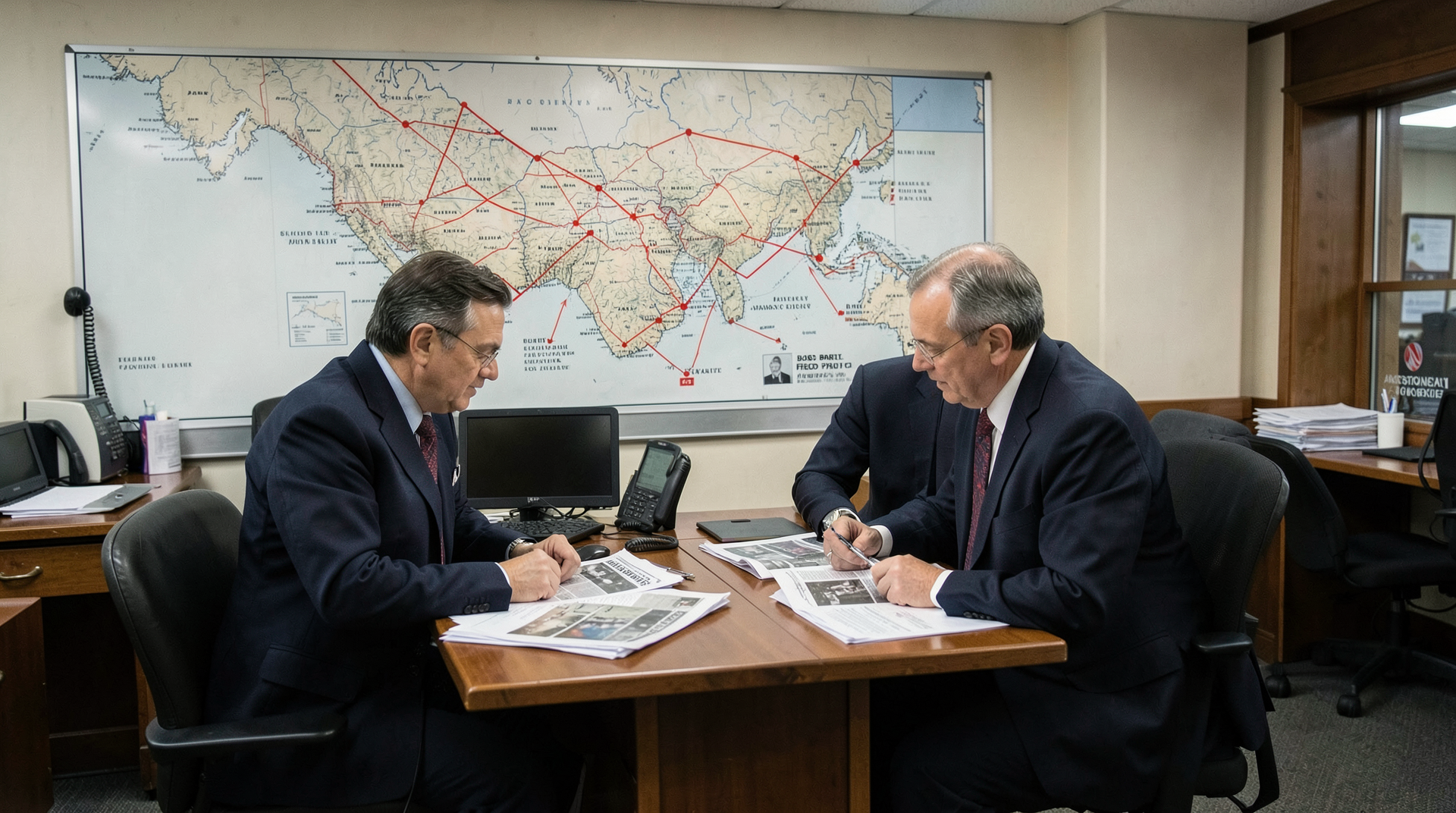A map showing the surveillance technology pipeline from Silicon Valley to China and back to U.S. Border Patrol, pinned on a wall behind two AP reporters at desks.