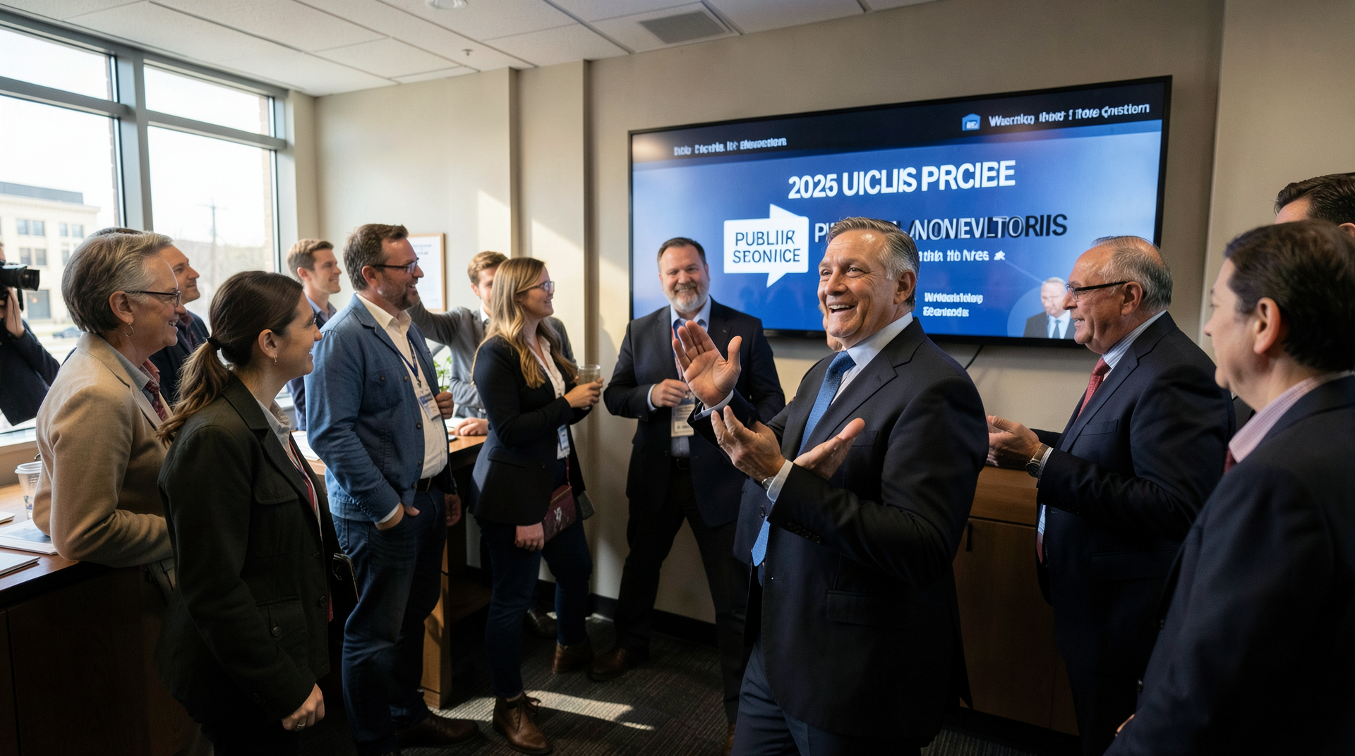 Reporters and editors gathered around a screen at a newsroom watch party as the 2026 Pulitzer Public Service medal is announced for The Washington Post.