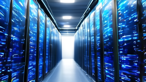 Server room at a generic cloud-platform data center with tower lights cycling and an empty corridor.