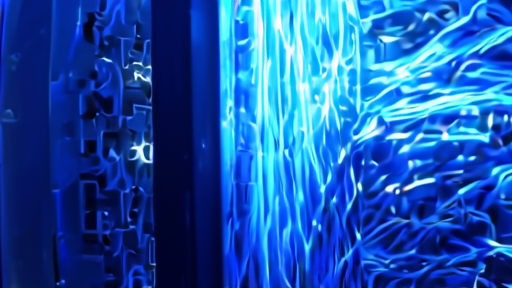 A Cloudflare data center server rack with neon-blue cooling LEDs.