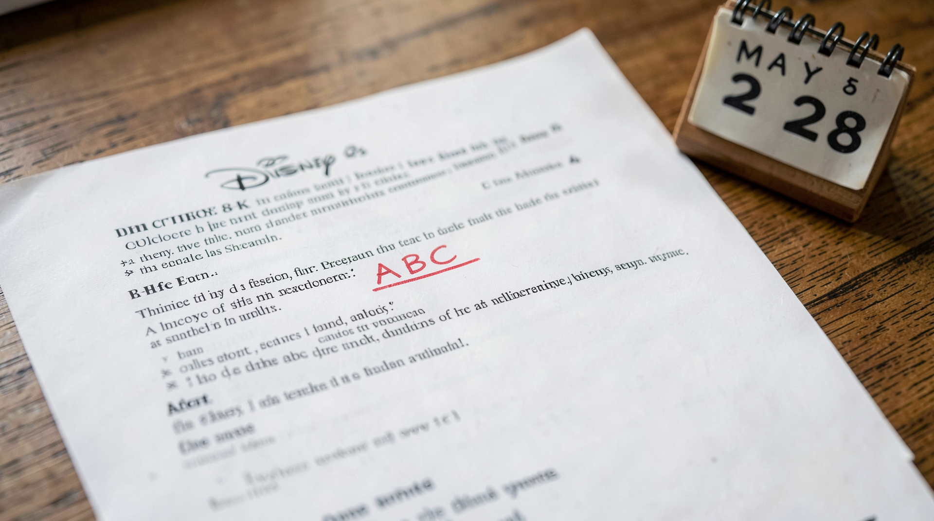 A tight crop of Disney's Q2 fiscal 2026 8-K page where ABC appears in cautionary-statement language, the word ABC underlined in red, with a desk calendar in the corner reading May 28.