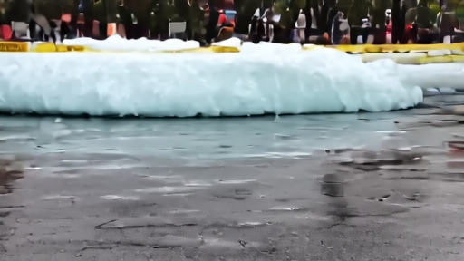 The melting Toronto ice block installation at 81 Bond Street with police barrier and onlookers at dusk.
