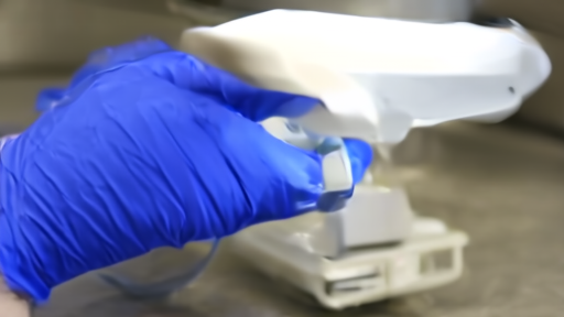 Gloved hands holding a small clear vial of cloudy white cytogel suspension under a sterile clinical lamp on a stainless steel bench.