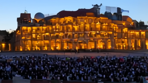 Wiener Stadthalle exterior at night with Eurovision signage and the Vienna skyline behind.