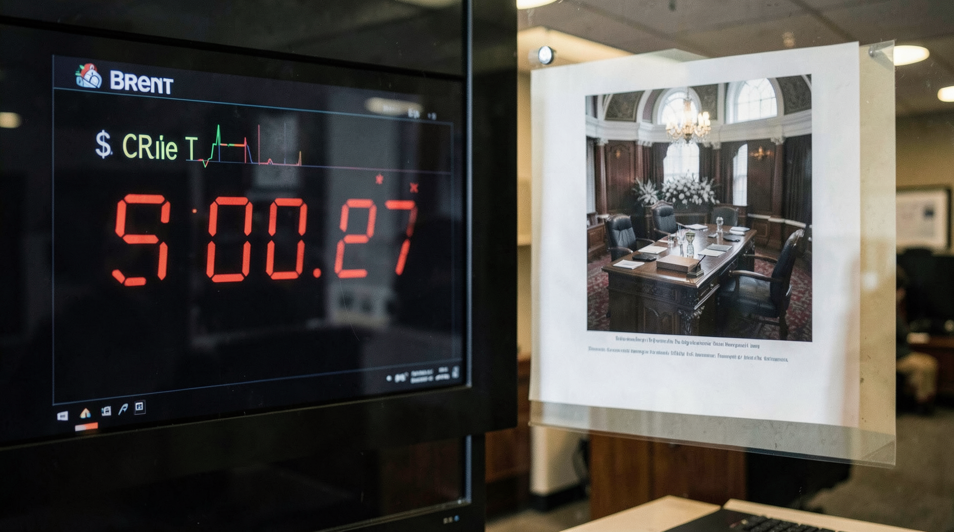 Brent crude trading screen at Wednesday's close showing $101.27 in red, with a wire photograph of the Oval Office desk reflected in the glass.