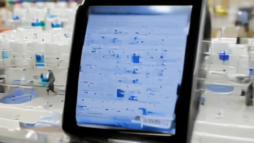 Pharmacy fulfillment counter at a Walgreens with a row of small white pill bottles being labeled and an IQVIA-style data tablet visible in foreground.