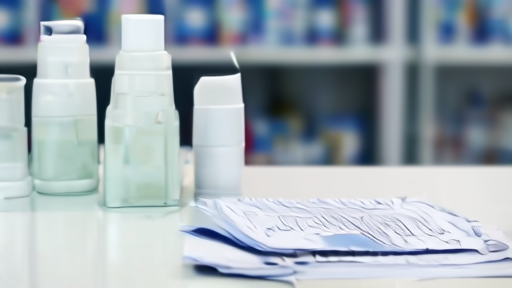Pharmacy counter with two prescription bottles in soft clinical light, a folded clinical-trial report visible behind them, no people in frame.