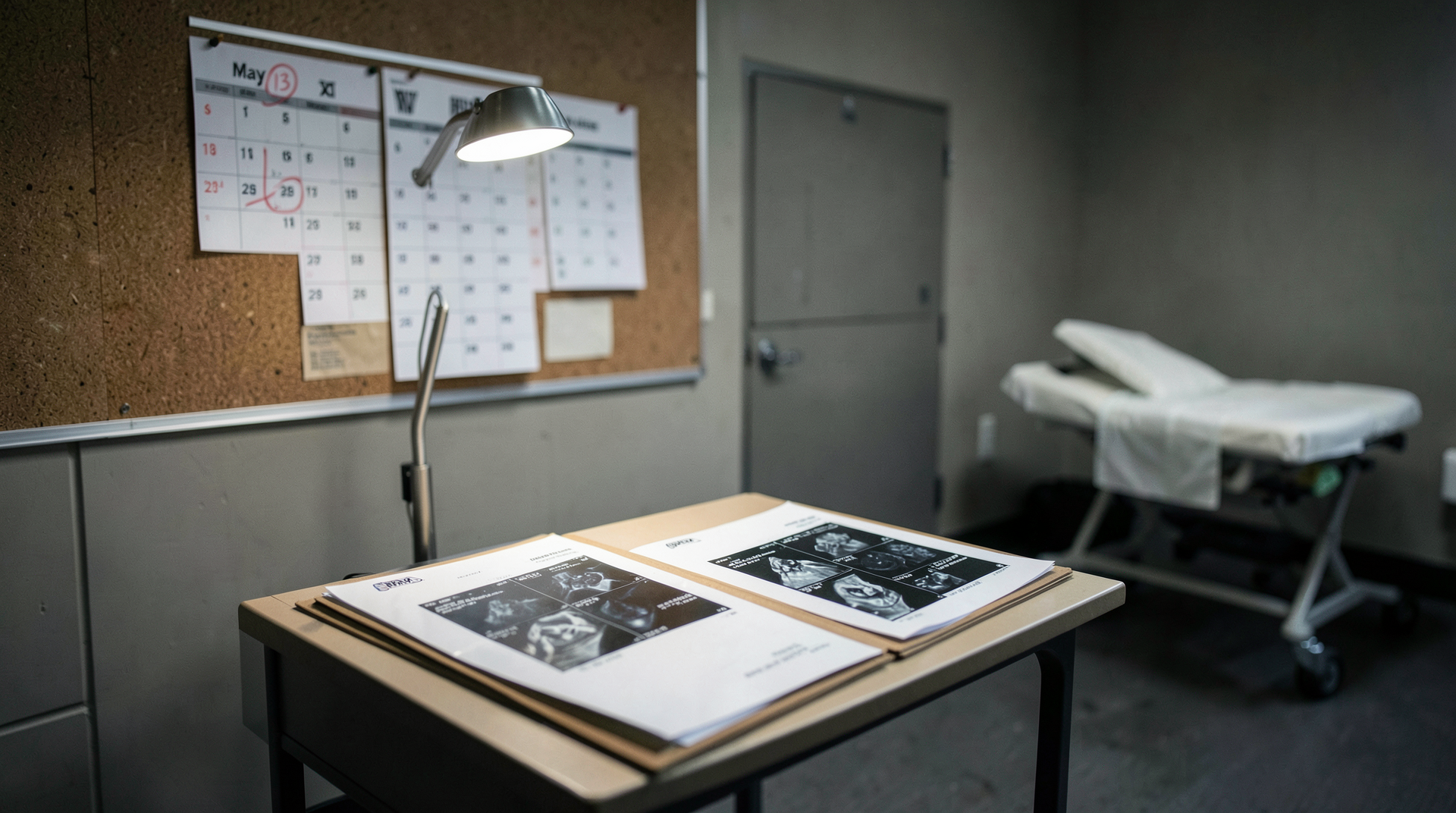An empty trainer's room at Paycom Center, two manila MRI folders open on the desk under task lighting, a wall calendar with May 13 visibly circled in the background.