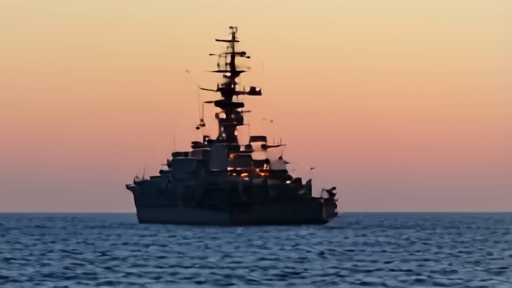 The French aircraft carrier Charles de Gaulle underway at dusk in the southern Red Sea, French tricolor visible on the mast, two escort vessels trailing in the wake.