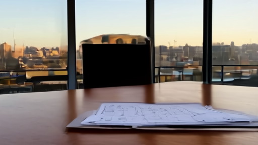 Empty corporate boardroom with a printed Q2 earnings binder open on a long oak table, FCC docket page visible, late afternoon light through floor-to-ceiling glass.