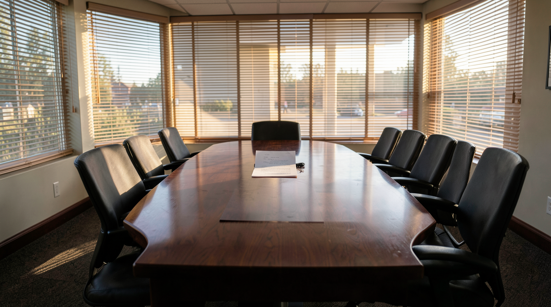 An empty conference room at the NSF building in Alexandria with twenty-two empty chairs around the table, a single printed letter on its surface, light angling through closed blinds.