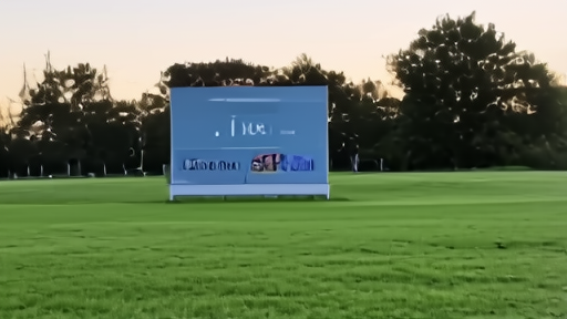 An empty LIV Golf signage tower being struck on the back nine at Trump National Virginia at dusk, a Saudi PIF logo in faded vinyl on the side panel, no players in frame.